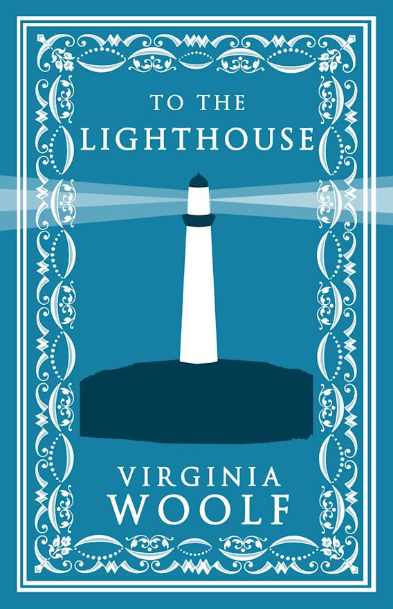 Uno sfondo blu con un faro piatto 2d sulla copertina di To the Lighthouse di Virginia Woolf