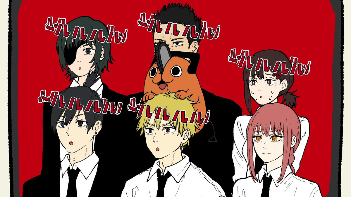 Il cast di Chainsaw Man in una screencap della sequenza finale del quarto episodio. Sembrano tutti scioccati con