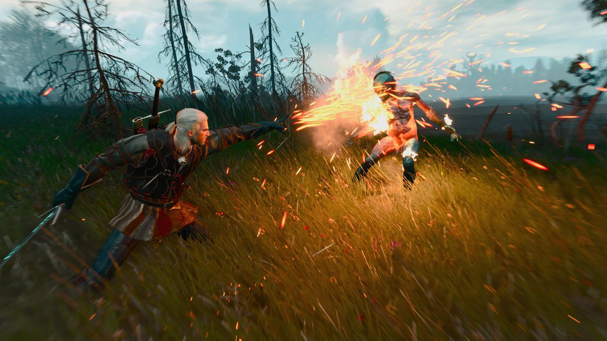 Geralt di Rivia lancia Signi, un attacco magico basato sulla fiamma, su un nemico in The Witcher 3: Wild Hunt su PS5