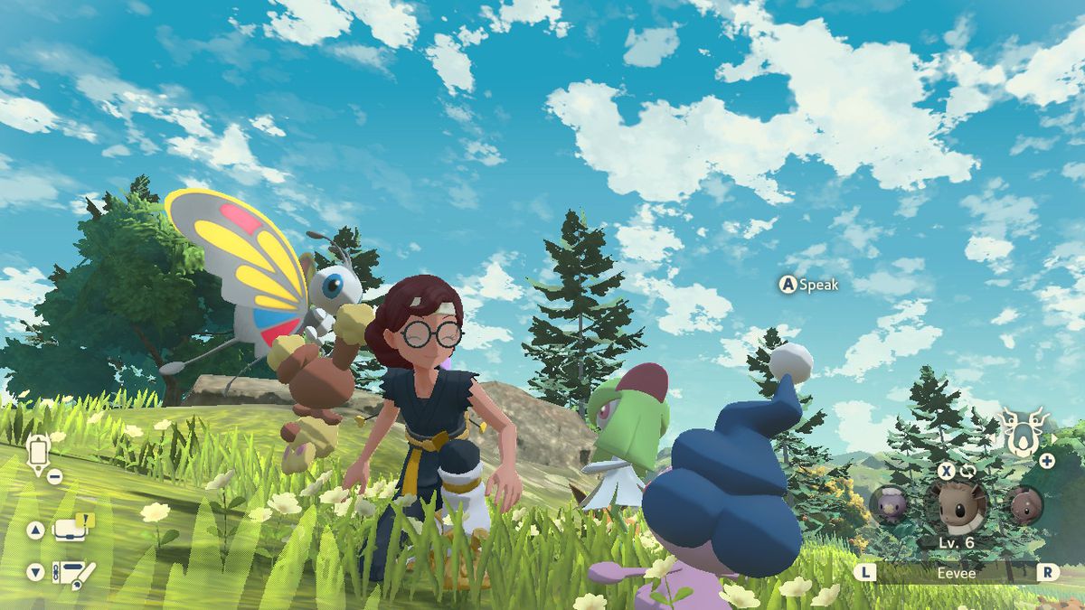 un allenatore di pokemon in pokemon legends: arceus accovacciato tra tutti i loro pokemon mentre conversano