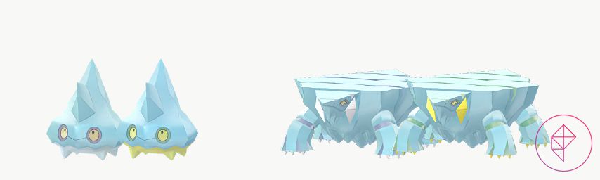 Bergmite e Avalugg con le loro forme luccicanti. La parte interna di entrambi i Pokémon diventa gialla quando splende.