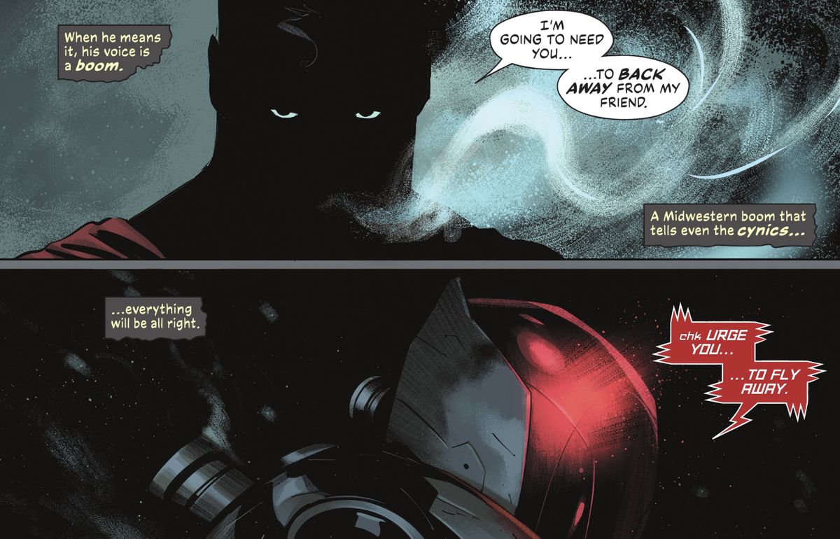 Superman è una sagoma scura, la brina gli cola dalla bocca, solo il bianco degli occhi comunica la sua disapprovazione.