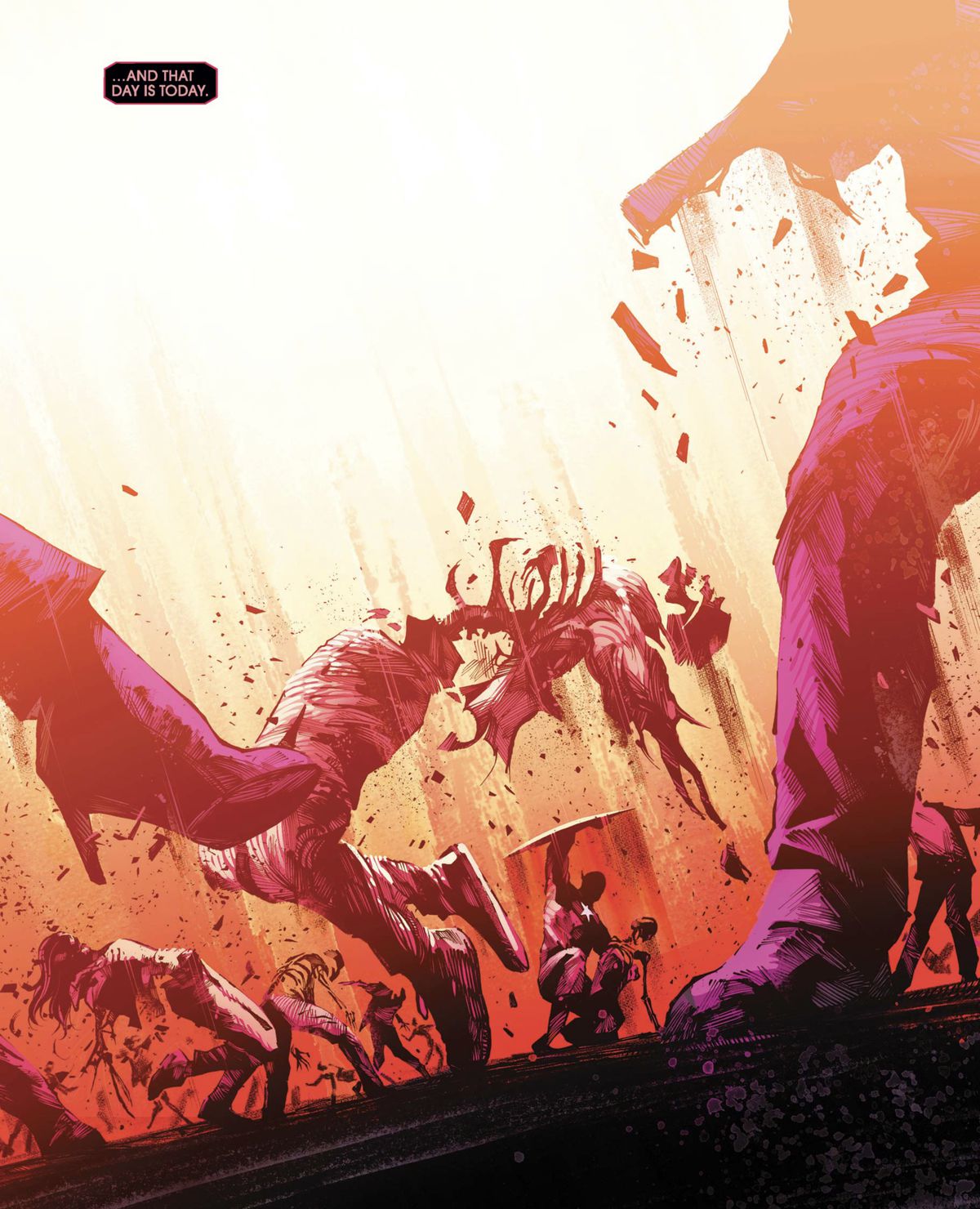 Corpi umani cadono sospesi, disintegrandosi in un'esplosione dall'alto. La piccola figura di Capitan America alza inutilmente lo scudo contro l'esplosione; la persona che culla contro il suo petto è già uno scheletro fatiscente in AXE: Judgment Day #4.