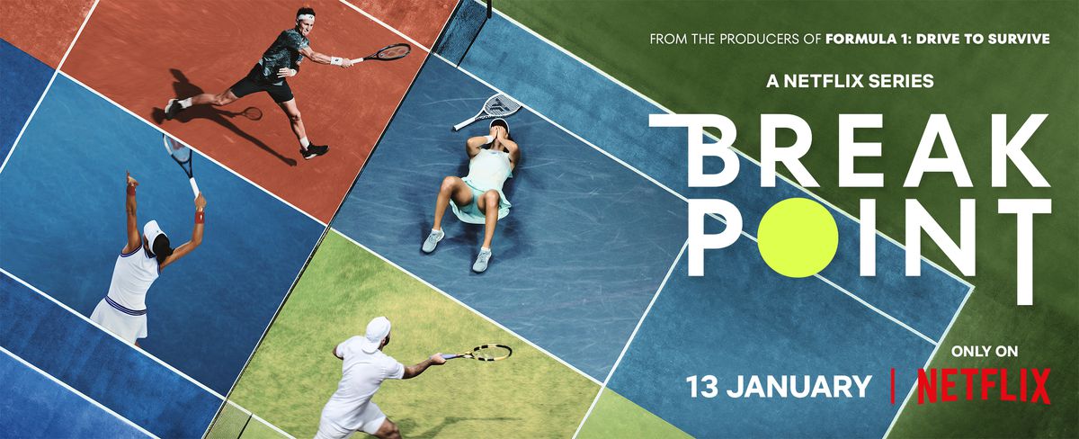 Arte promozionale per Break Point di Netflix, con quattro tennisti su diversi campi in varie fasi di celebrazione e dolore.