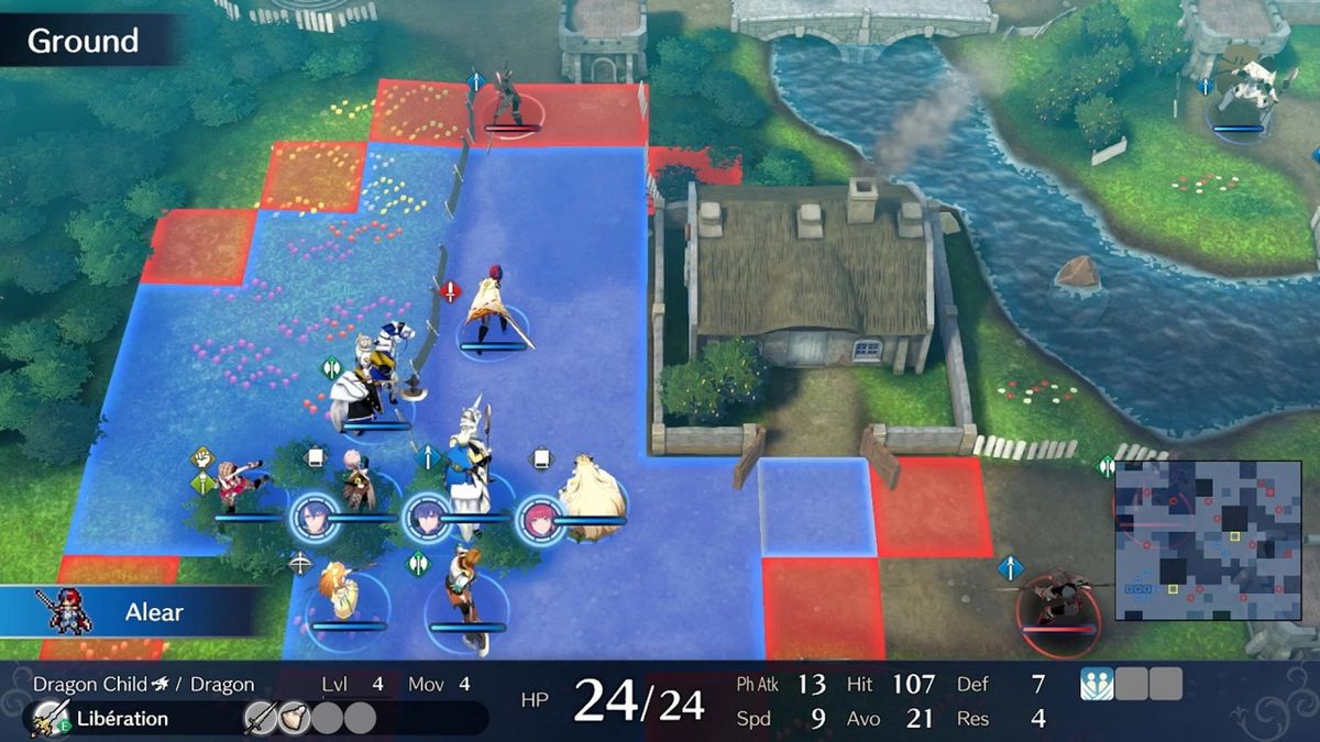 Una vista del campo di battaglia in Fire Emblem: Engage, in cui il protagonista Alear avanza davanti al suo esercito per affrontare i nemici