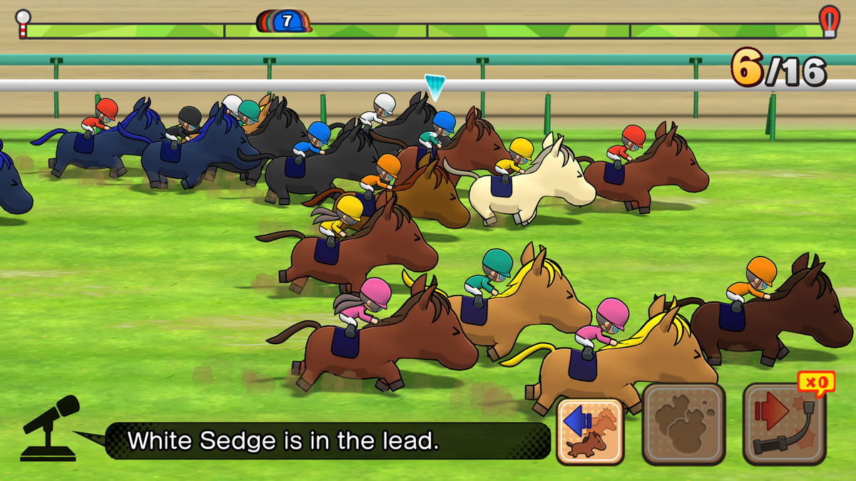 Un campo di simpatici cavalli corre intorno alla pista in Pocket Card Jockey: Ride On!