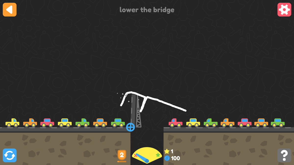 Una leva tirata con le dita abbassa un ponte per una coda di auto in Squiggle Drop