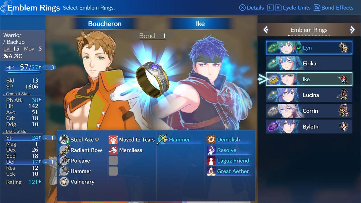 Una mappa che mostra il legame tra il servitore Boucheron e Ike, in Fire Emblem Engage