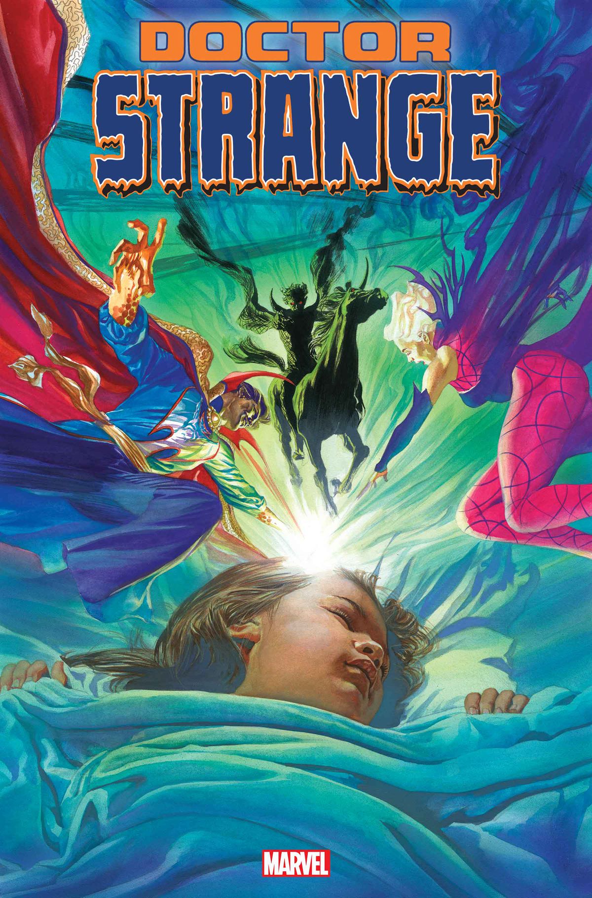 Doctor Strange e Clea sembrano essere attratti dai sogni di un bambino addormentato, mentre Nightmare guarda sul suo cavallo nero sulla copertina di Doctor Strange # 1 (2023).