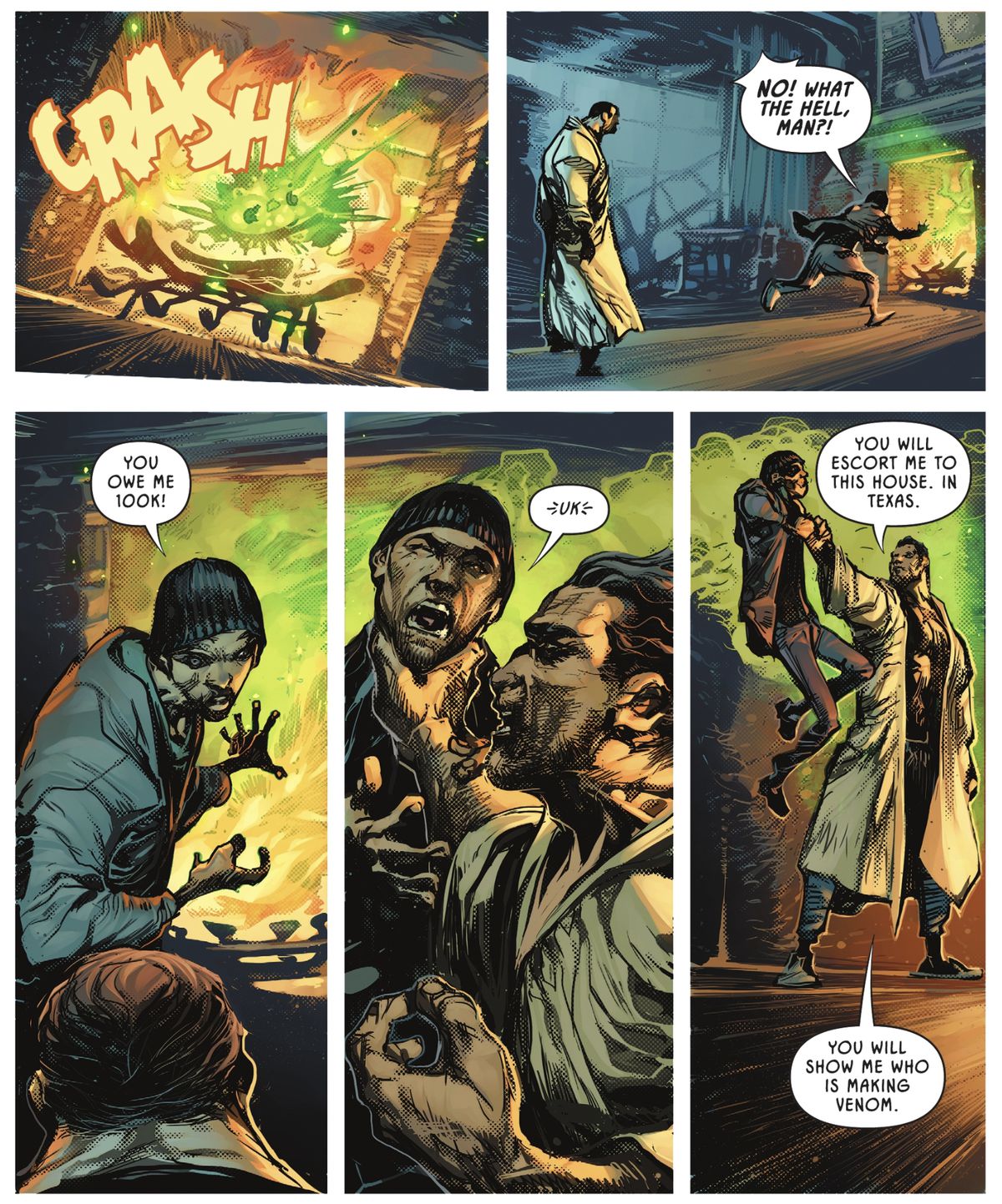 Bane lancia una fiala di Venom nel suo camino scoppiettante, con sgomento dell'uomo più basso nella sua villa. Bane lo solleva in aria per il collo e gli chiede di scortarlo in Texas.