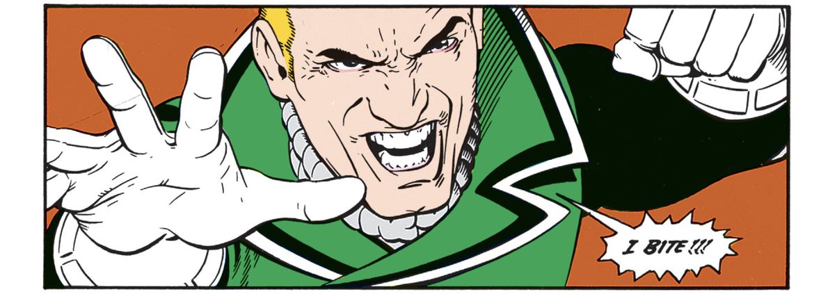 “Io mordo!!!” Guy Gardner ringhia mentre alza il pugno per colpire.