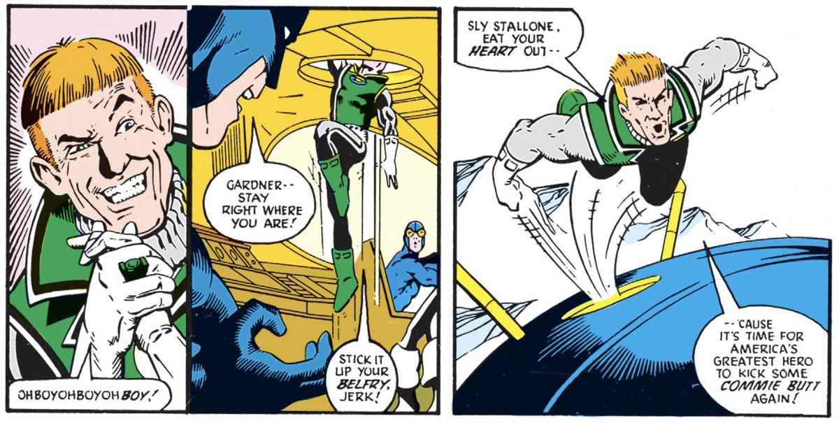 Guy Gardner si strofina allegramente le mani prima di saltare fuori da un portello, contro gli ordini di Batman.