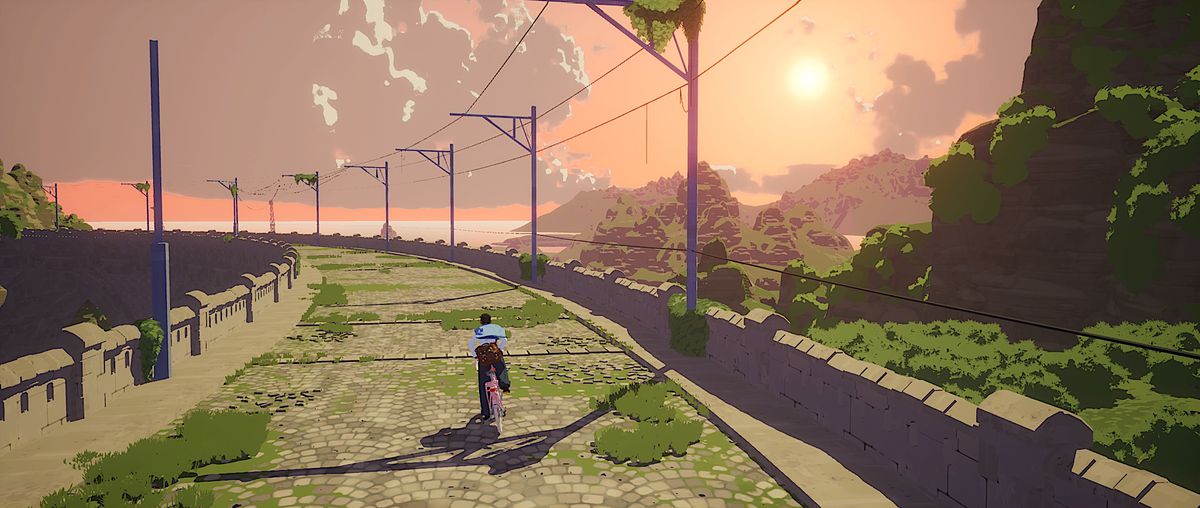 Estelle guida la sua bicicletta lungo un sentiero di ciottoli ricoperto di vegetazione in Season: A Letter to the Future