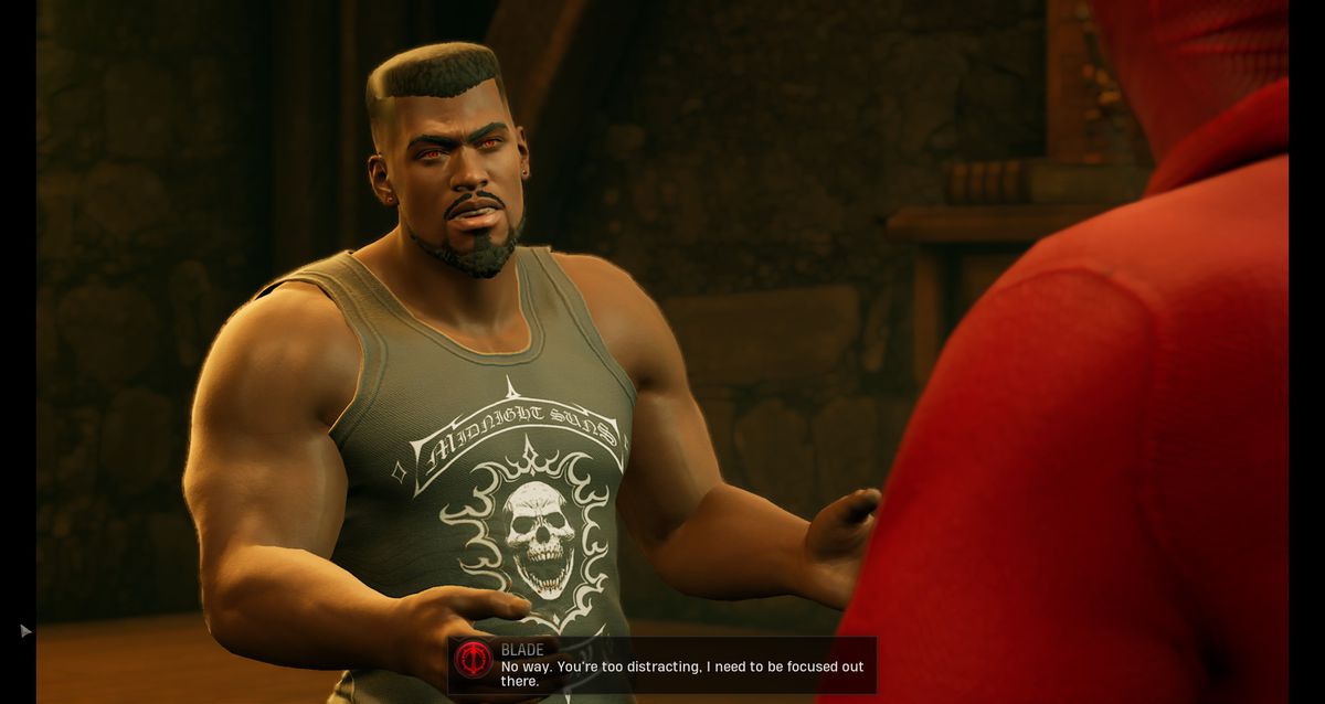 Blade risponde alla richiesta di Deadpool di accompagnarlo in missione dicendo: “Assolutamente no. Sei troppo distratto. Ho bisogno di essere concentrato là fuori.