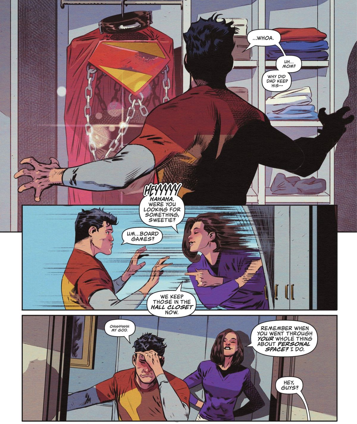 Jon Kent apre l'armadio dei suoi genitori alla ricerca di giochi da tavolo, solo per trovare il costume estremamente succinto di Warworld di suo padre con le sue catene e il colletto. Lois Lane sbatte la porta mentre Jon geme