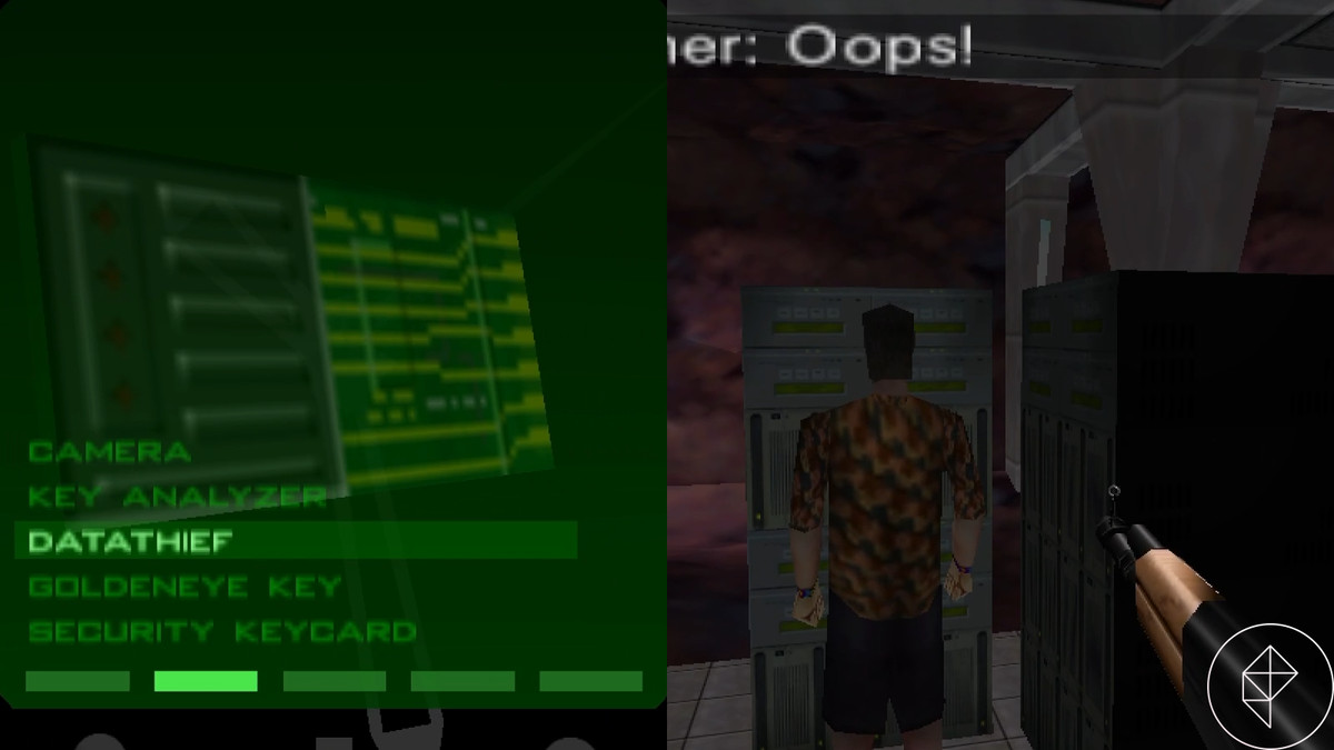 Ops!  Ladro di dati e qualcuno in piedi davanti a un terminale con una pistola puntata contro di loro.