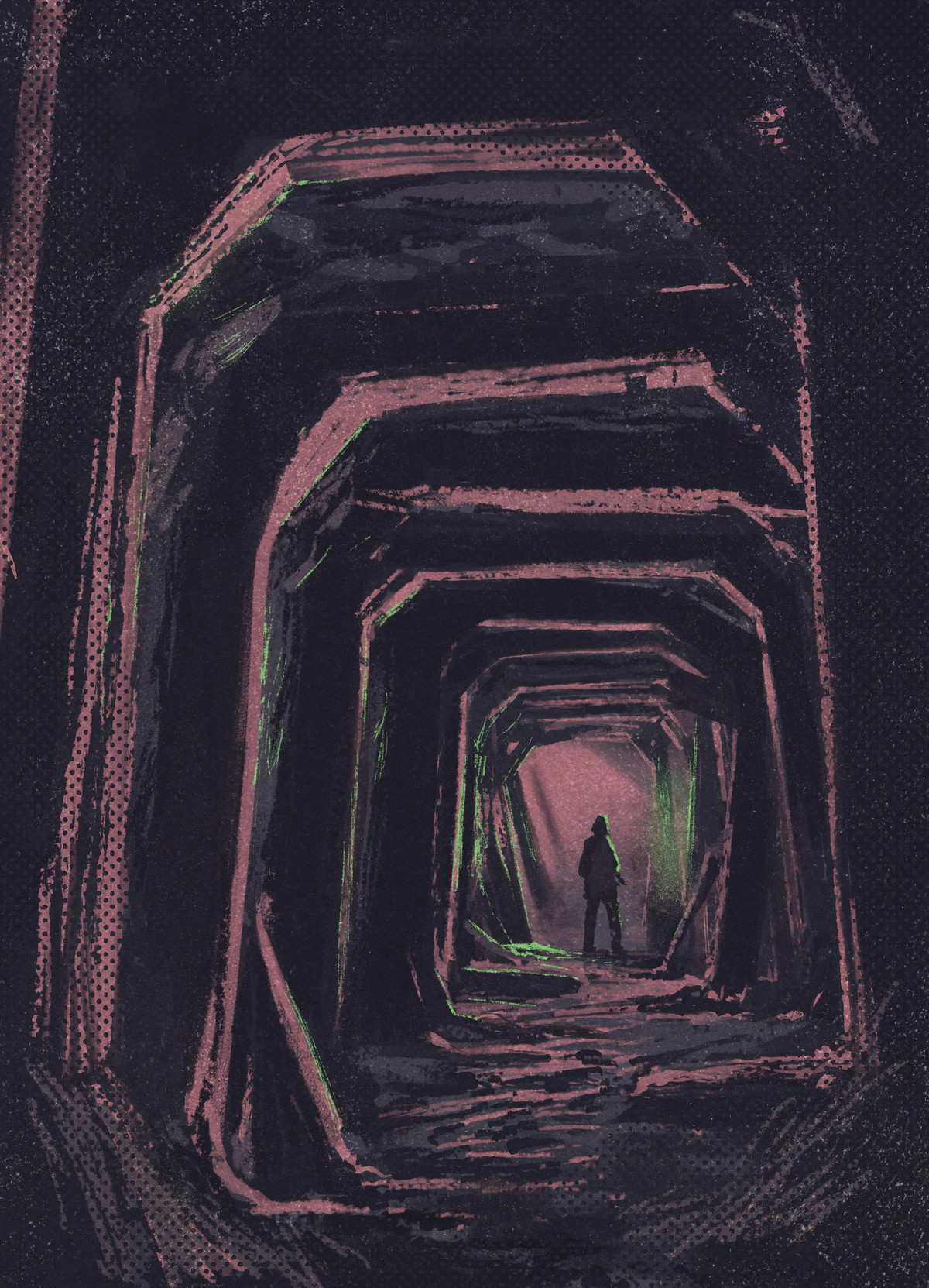 Una miniera. Qualcuno si trova a circa 50 metri all'interno, il flusso verde di una fonte di luce lo retroillumina. Le parti più luminose della grotta sono colorate di rosso.