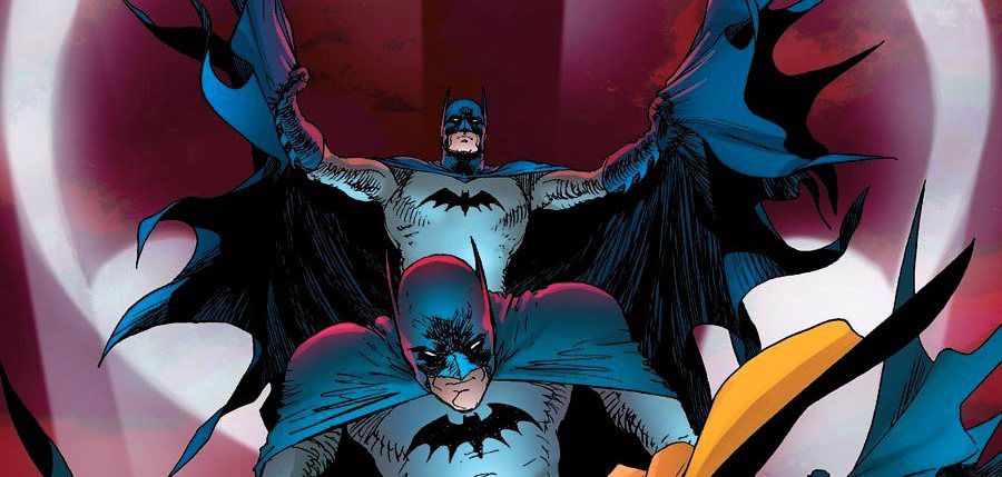 Batman (Bruce Wayne) e Batman (Dick Grayson) saltano in aria sulla copertina di Batman & Robin #16 (2011). 