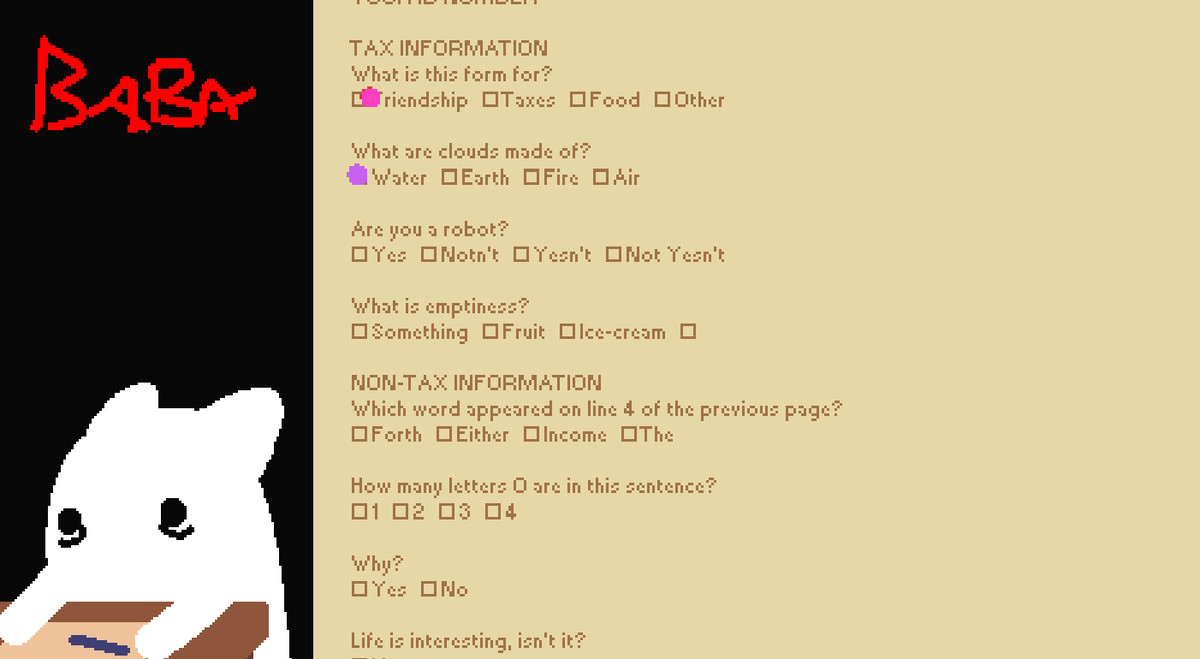 L'immagine di un modulo con diverse domande. Baba si siede accanto ad esso con le borse sotto gli occhi. Pone domande del tipo: