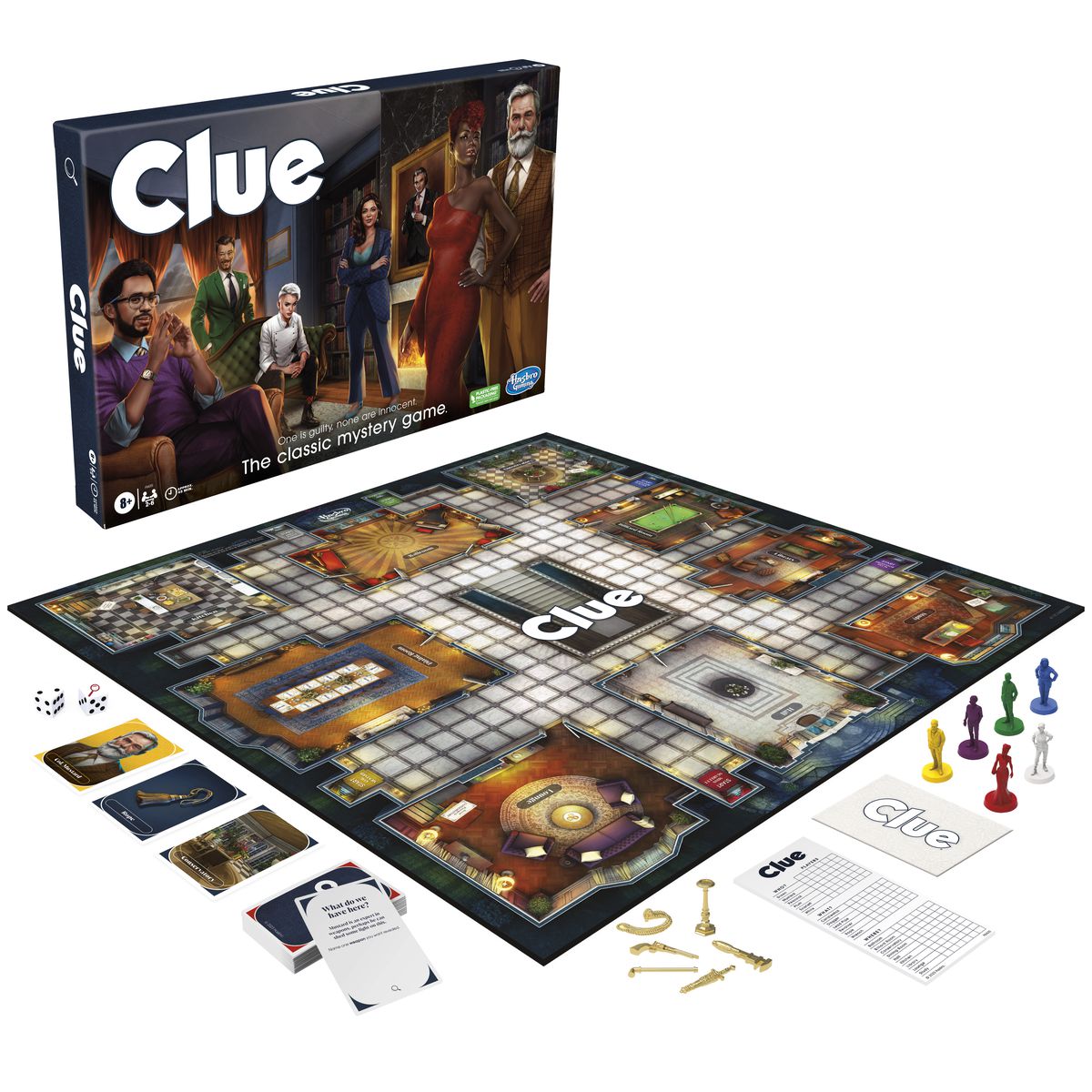 I contenuti di Clue, il refresh 2022 del classico gioco da tavolo di Hasbro, disposti per giocare su uno sfondo bianco. La copertina mostra una festa di sei persone, tra cui un uomo di colore e una magra cuoca con capelli bianchi e accattivanti. Sono nello studio.