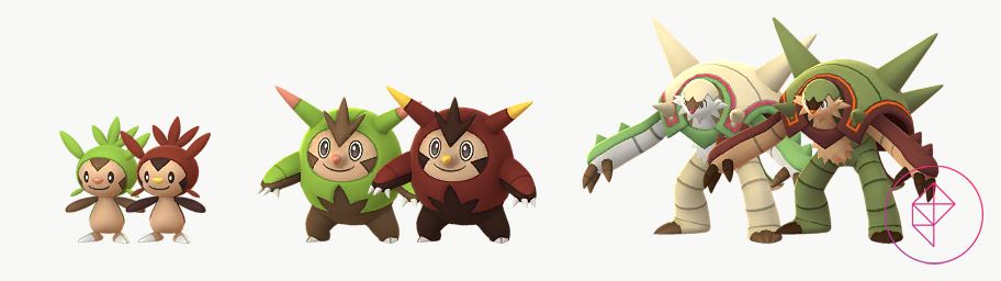 Chespin, Quilladin e Chesnaught con le loro forme luccicanti. Tutti ottengono accenti marroni quando sono lucidi.