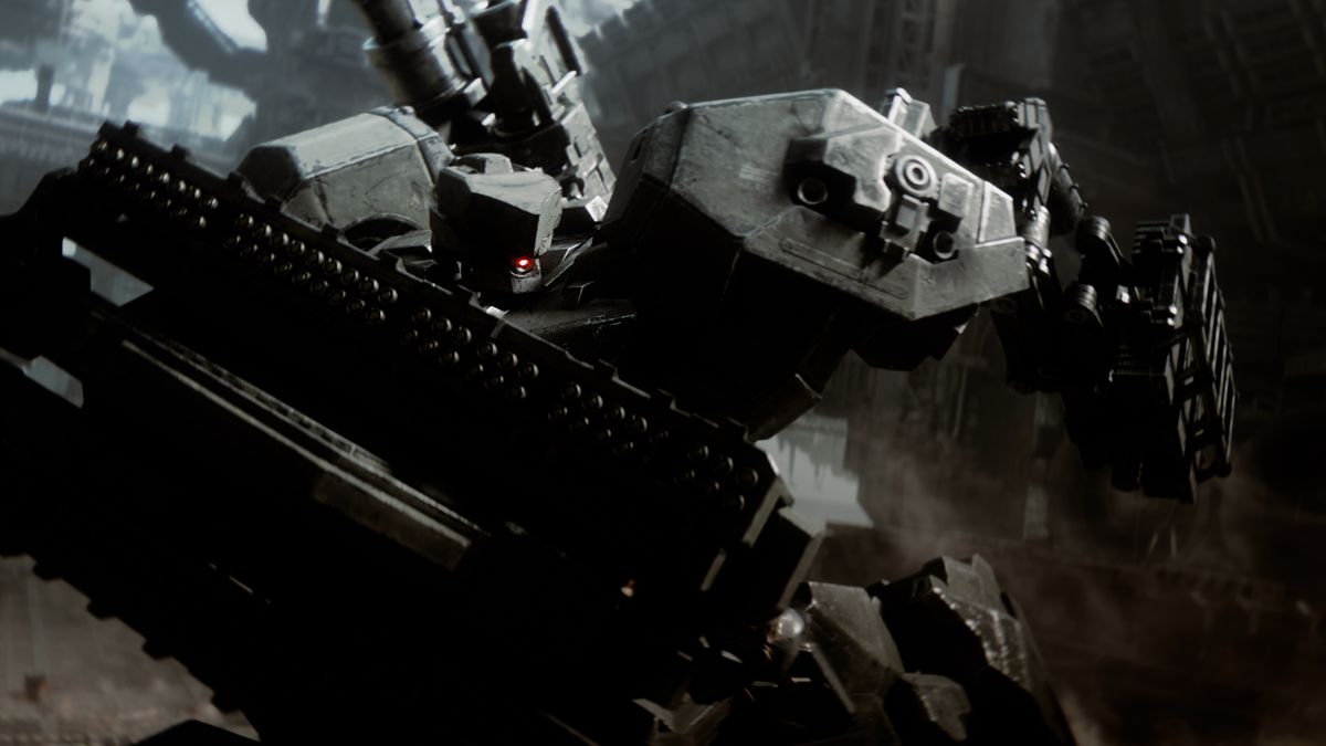 Un gigantesco Nucleo Amored nero solleva un fucile in un alambicco dal trailer CG di Armored Core 6: Fires of Rubicon