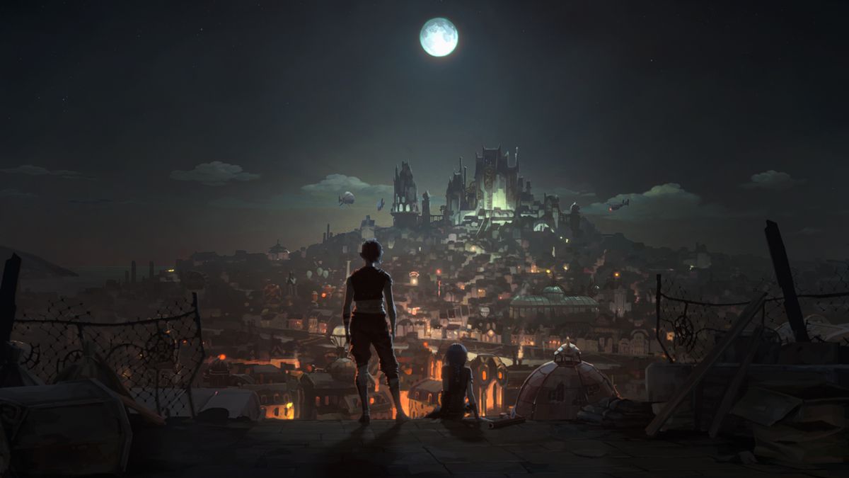 Arcano - Due ragazze adolescenti si affacciano su una città fantastica di notte