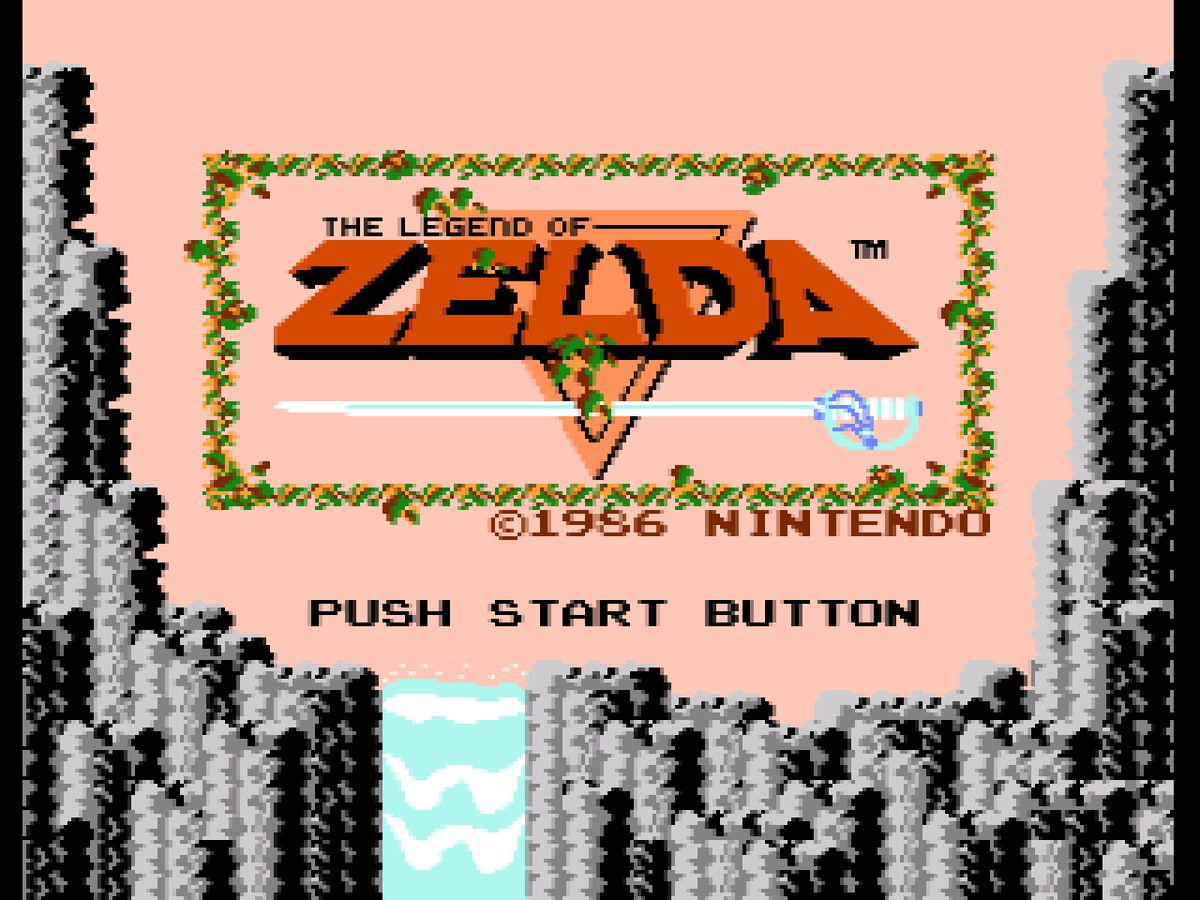 Schermata del titolo di The Legend of Zelda, con il logo che appare sopra una cascata rocciosa in grafica pixelata a 8 bit