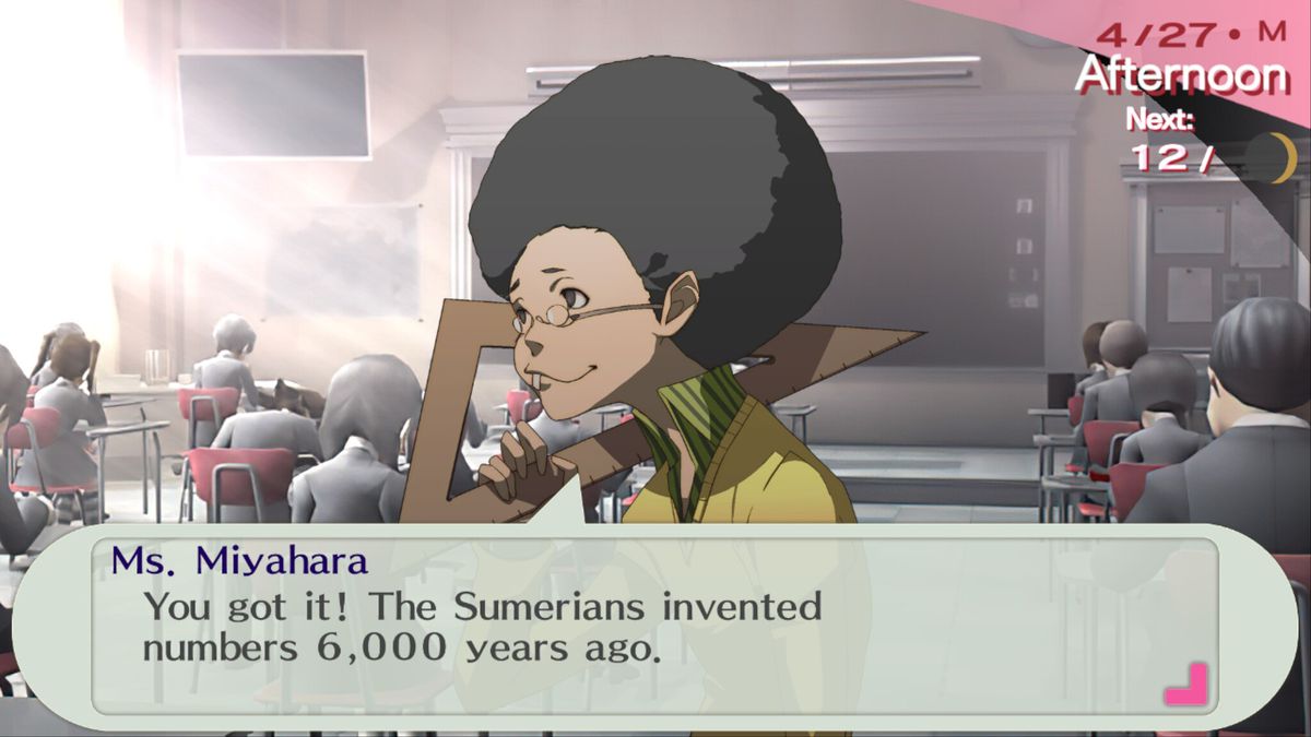Un insegnante in Persona 3 dice: “Hai capito! I Sumeri hanno inventato i numeri 6000 anni fa.