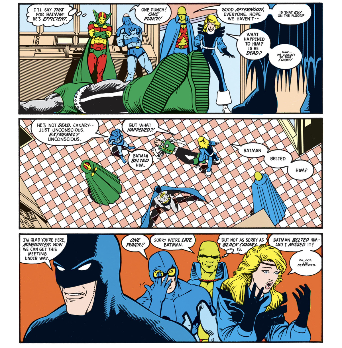 La Justice League reagisce alla forma prona di Guy Gardner sul pavimento, dopo che è stato colpito da un pugno di Batman.  Blue Beetle è isterico.  Mister Miracle ammette che è stato efficiente.  Black Canary è incredula e scioccata dal fatto che sia entrata troppo tardi per vederlo accadere.  Batman li chiama cupamente all'ordine. 