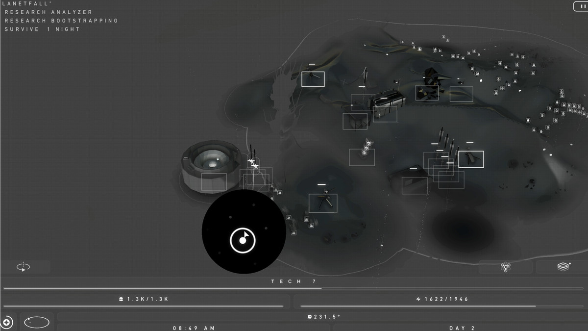 Una sovrapposizione monocromatica di una rappresentazione astratta di una base con reticoli quadrati e statistiche nell'angolo in alto a sinistra.