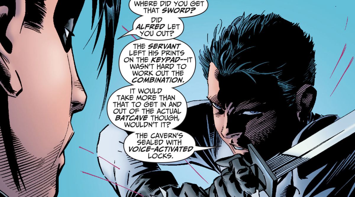 Damian Wayne brandisce una spada contro un sorpreso Tim Drake/Robin, che chiede “Dove hai preso quella spada? Alfred ti ha fatto uscire?