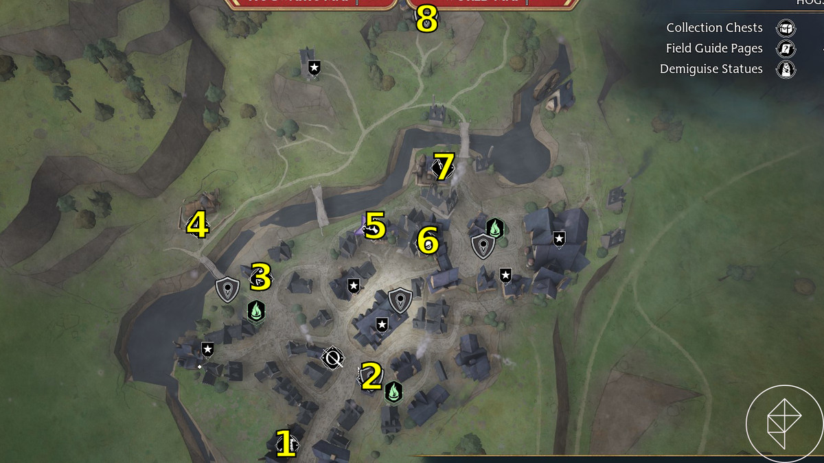 Mappa di Hogsmeade con i negozi etichettati da 1 a 8