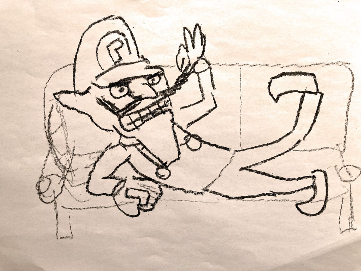 uno schizzo di waluigi del franchise di mario sdraiato su un divano. si arriccia i baffetti