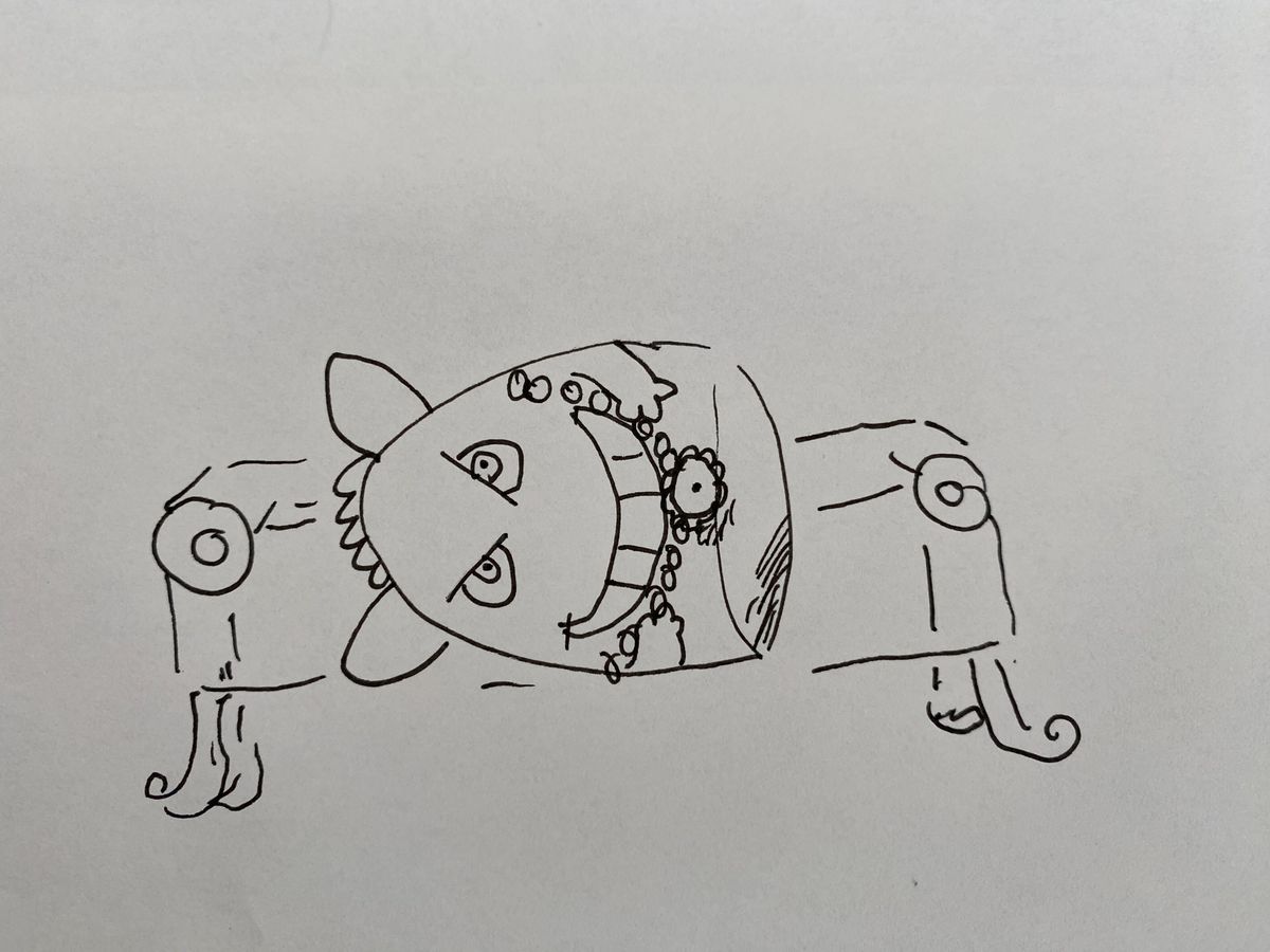 uno schizzo di uno squishmallow gengar sdraiato su un divano con indosso una grande collana