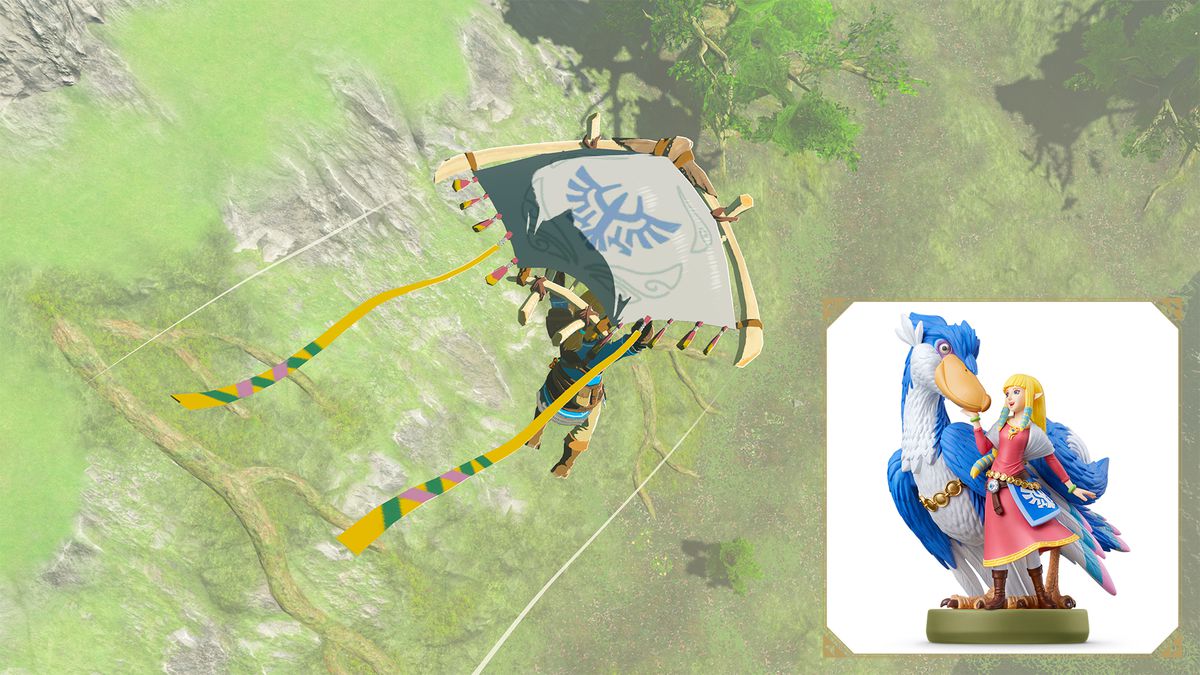Link plana in Tears of the Kingdom con un aliante bianco e blu ispirato a Skyward Sword. L'amiibo