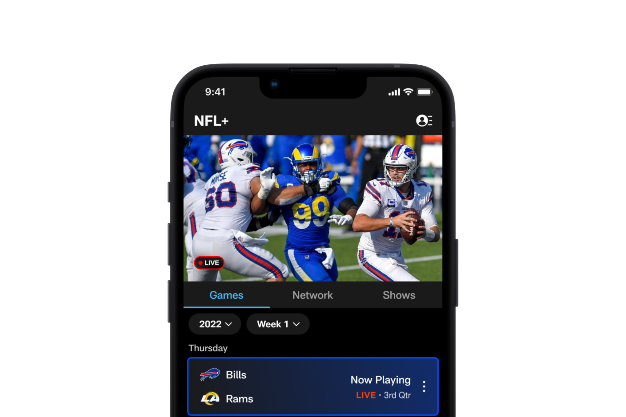 Un'immagine che mostra l'interfaccia NFL Plus vista su un iPhone.