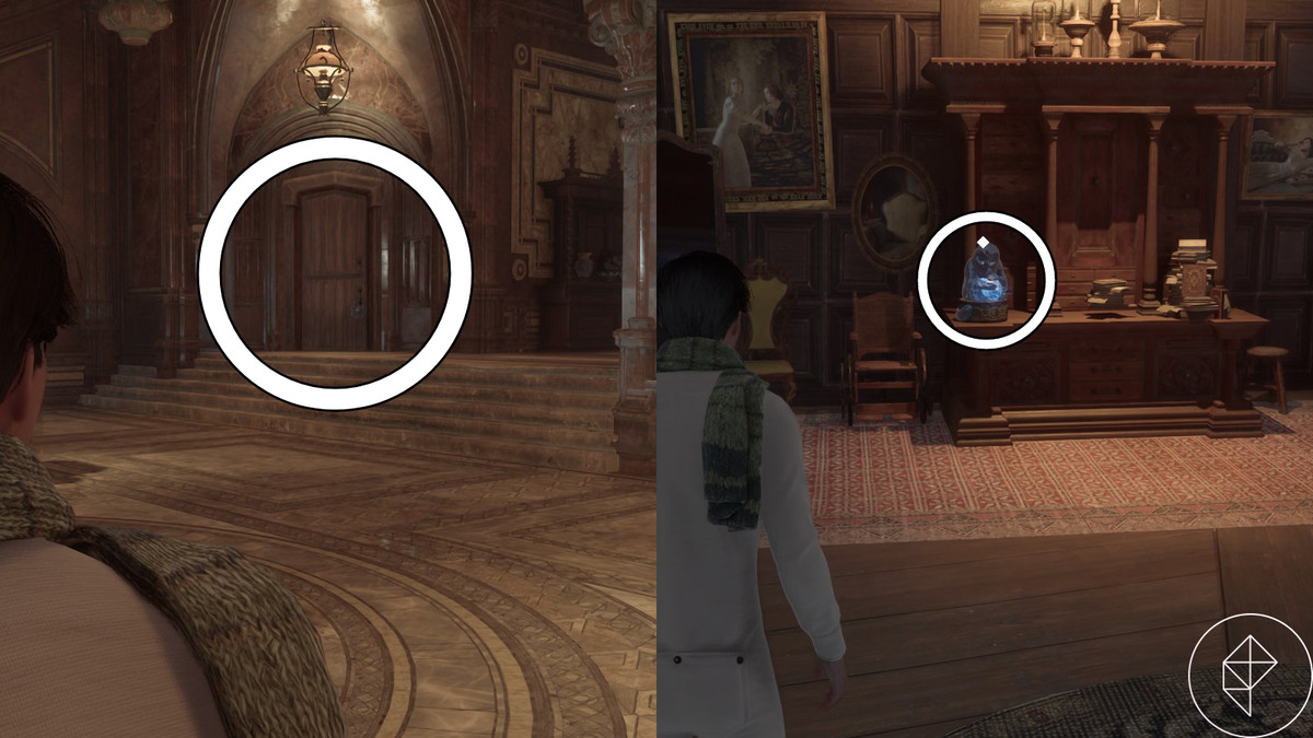 Gargoyle parlanti accanto alla statua del demiguise della porta nell'eredità di Hogwarts