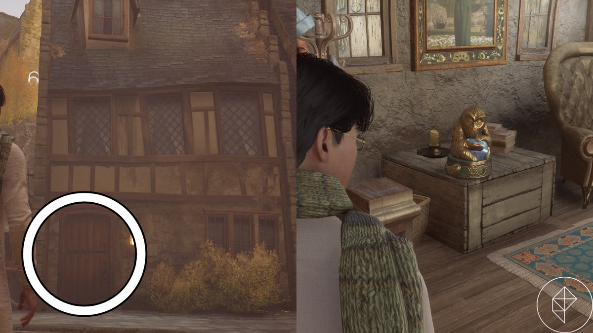 Casa accanto a tre manici di scopa in posizione demiguise in Hogwarts Legacy