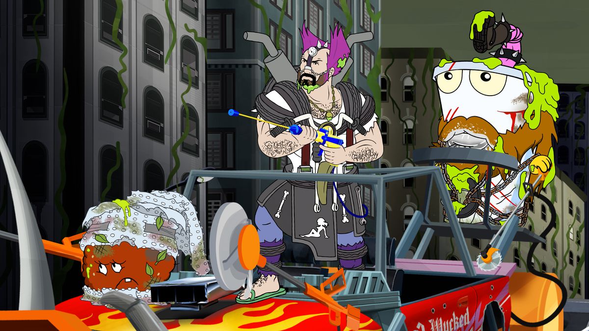 La banda di Aqua Teen è in piedi su un'auto e sembra pronta per la battaglia in Aqua Teen Forever: Plantasm.