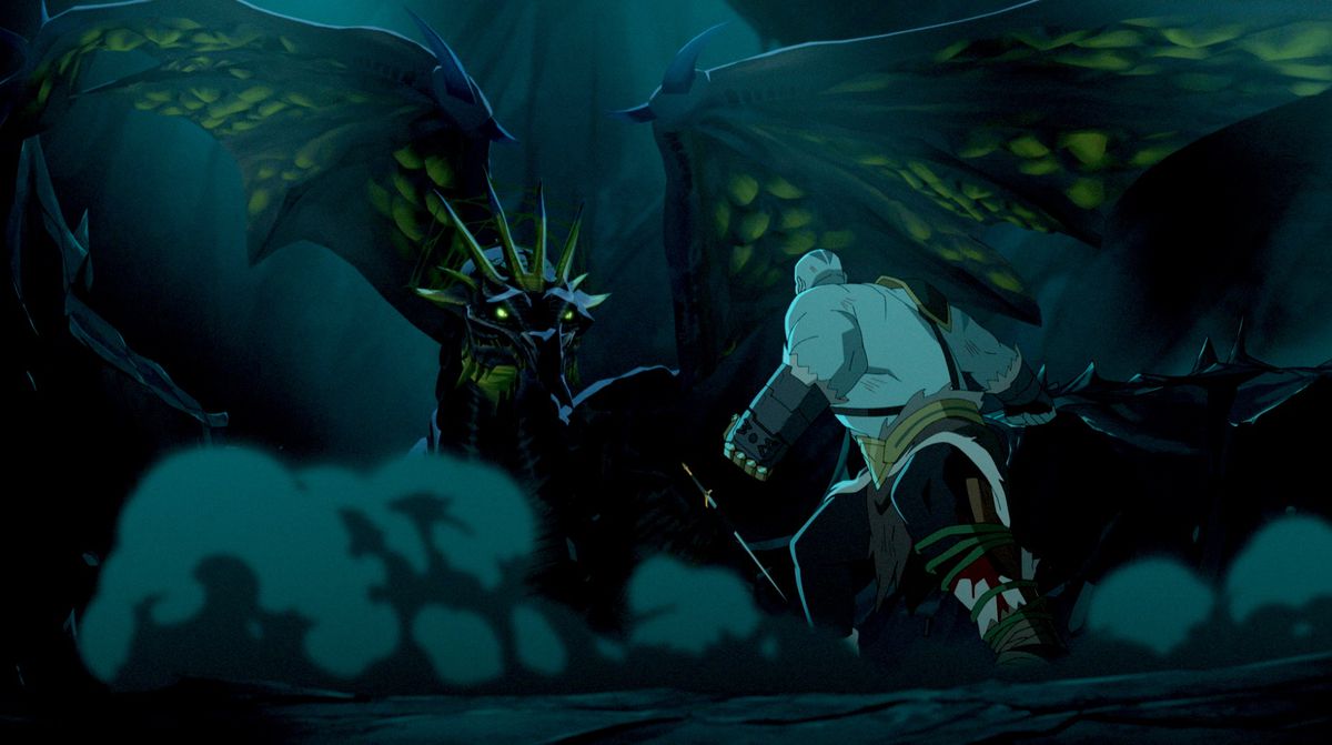 Grog è forte contro Umbrasyl mentre una nuvola di polvere rotola in Legend of Vox Machina
