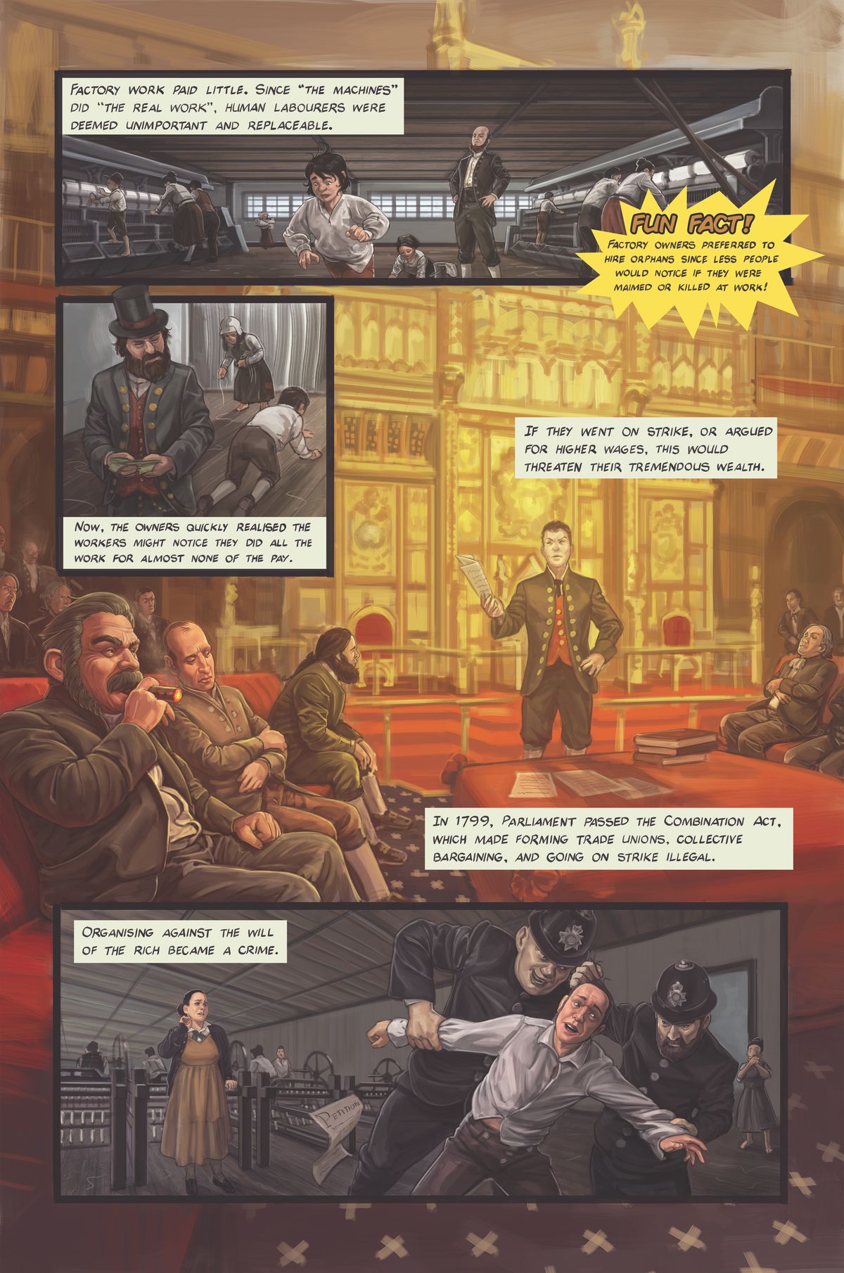 Una pagina a fumetti spiega quanto velocemente i primi industriali fecero pressioni per leggi che rendessero illegali i sindacati.