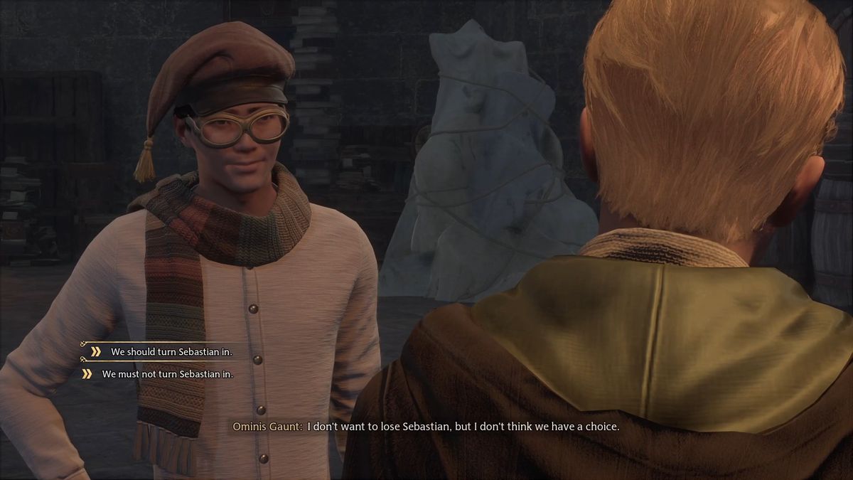 Ragazzo in mutandoni che parla con Ominis Gaunt di consegnare un amico ai professori di Hogwarts Legacy