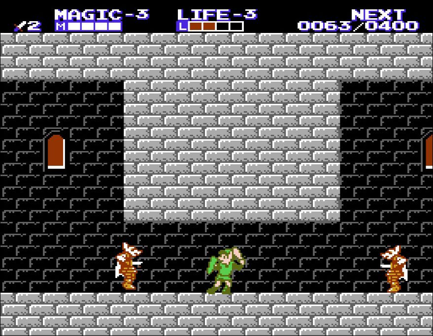Link è affiancato da due nemici Wosu in un dungeon di Zelda 2: The Adventure of Link