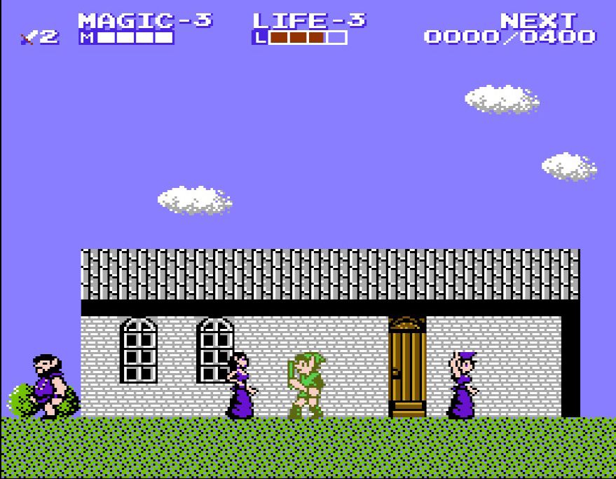Link attraversa una città, dove due donne e un uomo si trovano di fronte a una casa a un piano di Zelda 2: The Adventure of Link