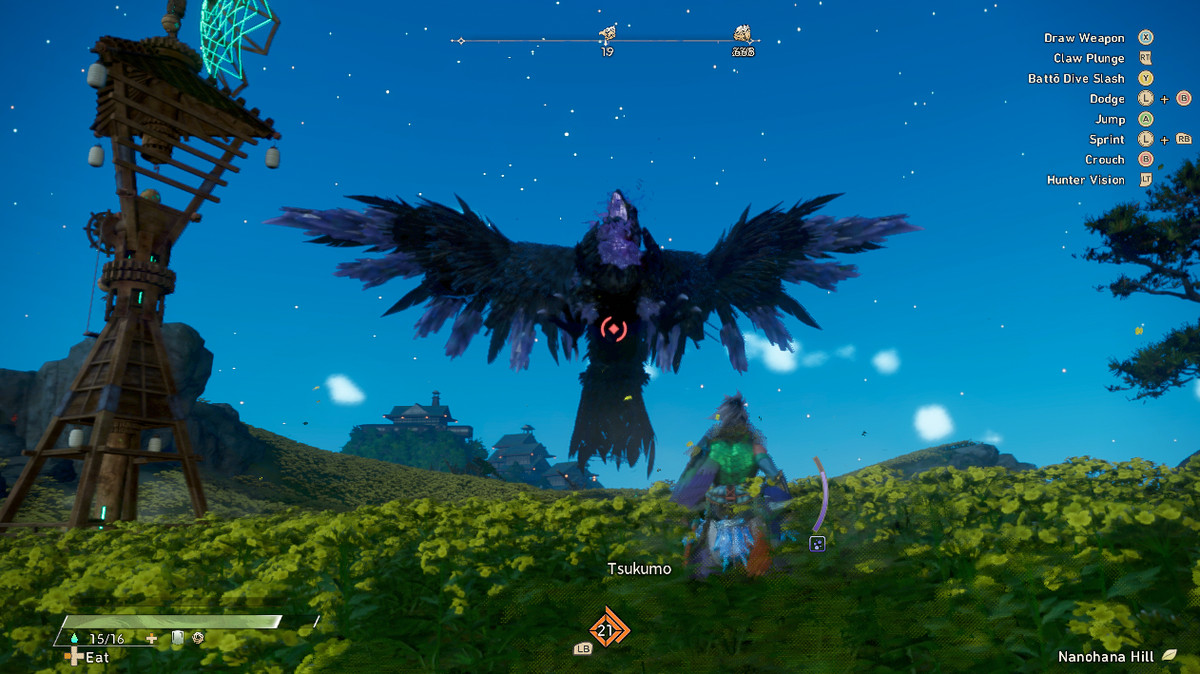 Un guerriero si trova di fronte a un Kemono gigante di Fumebeak in Wild Hearts