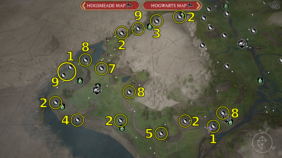 Feldcroft Region Posizioni del Processo Merlino nell'Eredità di Hogwarts. Mappa annotata