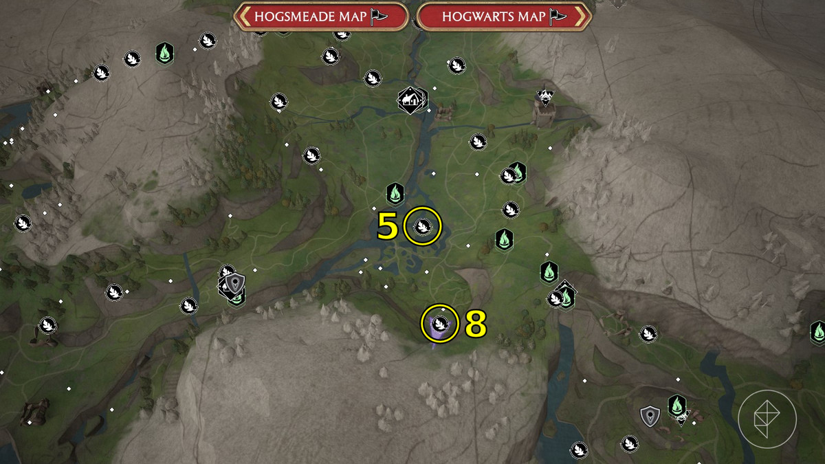 Mappa annotata delle posizioni del Processo Merlino nella Palude del Mare del Sud di Hogwarts Legacy