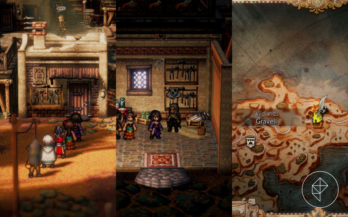 La squadra di Octopath Traveller 2 si avvicina a un fabbro a Gravell