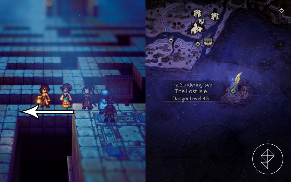 Alcuni dei personaggi di Octopath Traveller 2 percorrono un sentiero invisibile davanti a un cartello